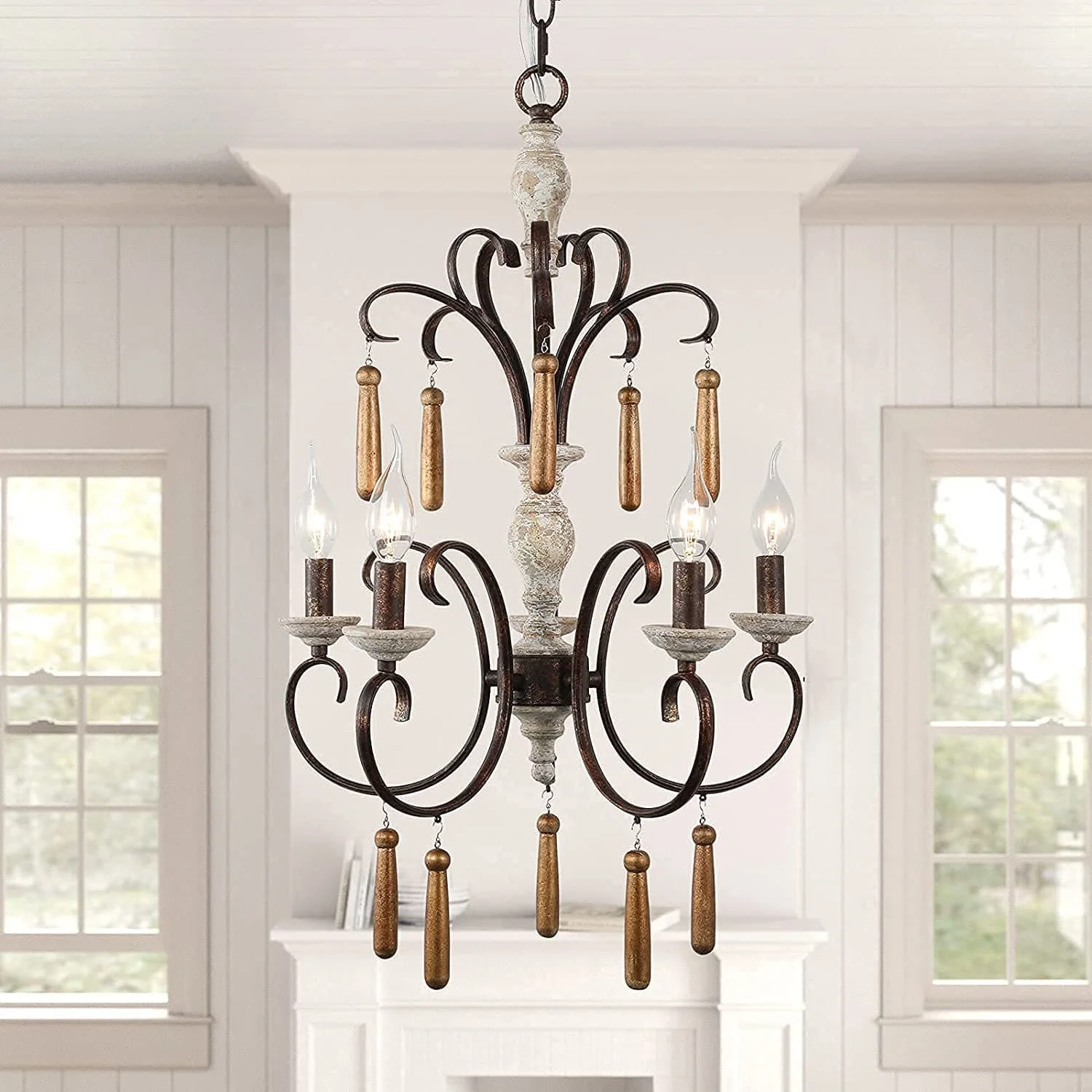 

Antique Farmhouse Wooden Chandelier Dining Room 4 Lights Vintage Wood Pendant Chandeliers Kitchen Dining Room Entryway Bedroom