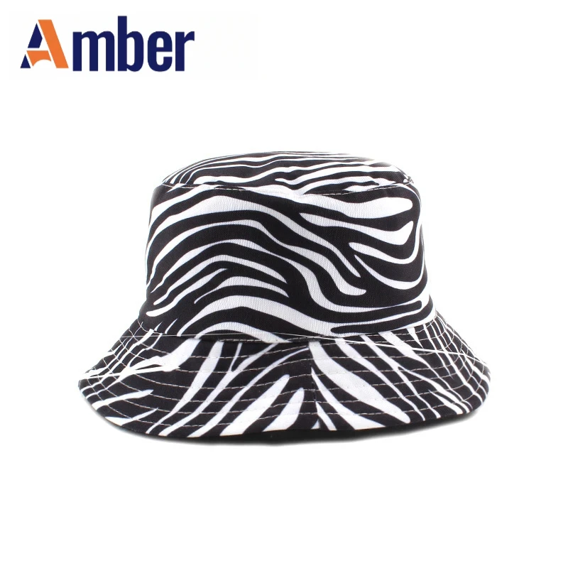 

Amber Zebra Striped Bucket Hat Animal Fringe Printing Reversible Bucket Hats Black Foldable Fisherman Outdoor Summer Sun-Proof