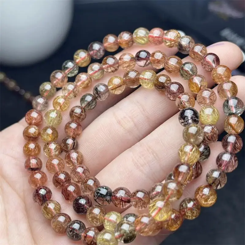 Natural Colored Rutilated Quartz Triple Circle Bracelet Crystal Jewelry Stretch Bangle Children Birthday Gift 1pcs 6/7MM