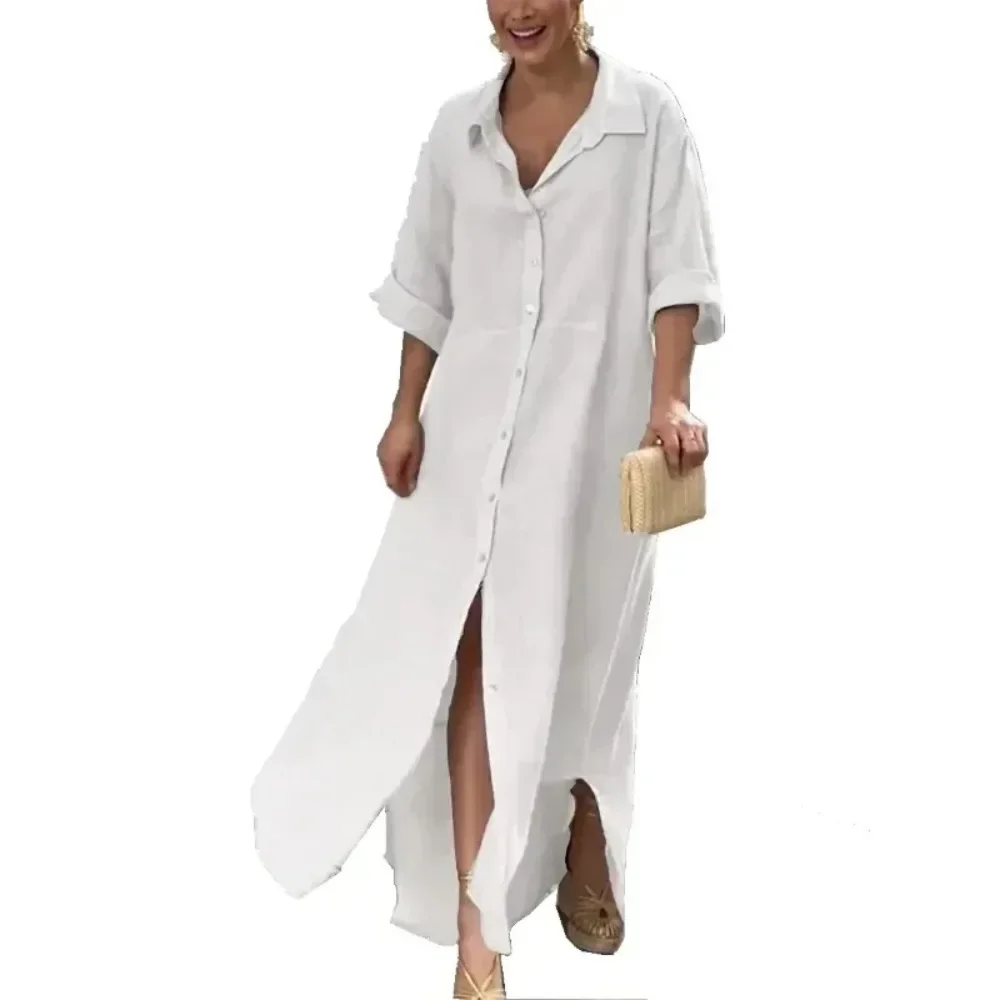 Spring/Summer Women\'s L-5XL Plus Size Oversized Loose Cotton Dress Solid Color Lapel Short Sleeved Casual Dress Button Slit