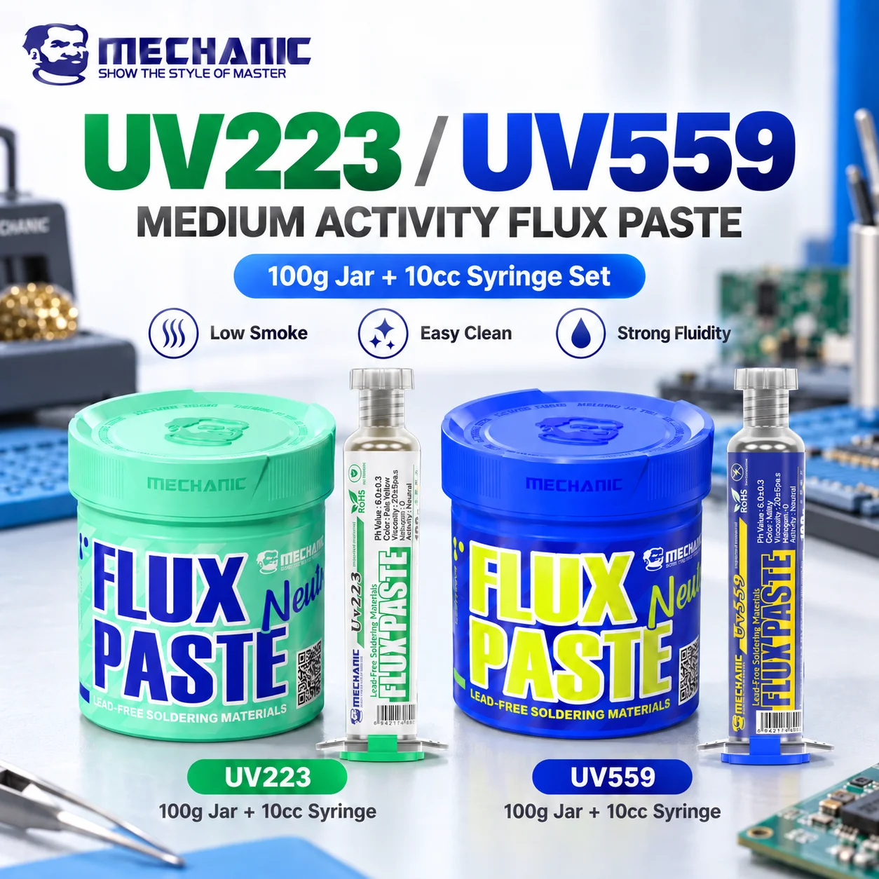 MECHANIC UV223 UV559 100g+10cc Flux Paste Set Medium Activity Soldering Flux for BGA CSP PCB IC Mobile Phone Soldering Repair