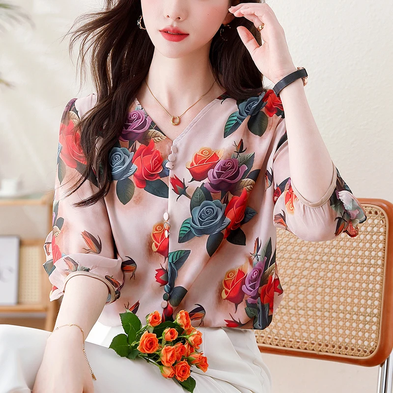 2024 New Autumn Women Tops New Fashion Silk Chiffon Blouse V-neck 3/4 Sleeve Casual Ruffles Floral Printed Shirt