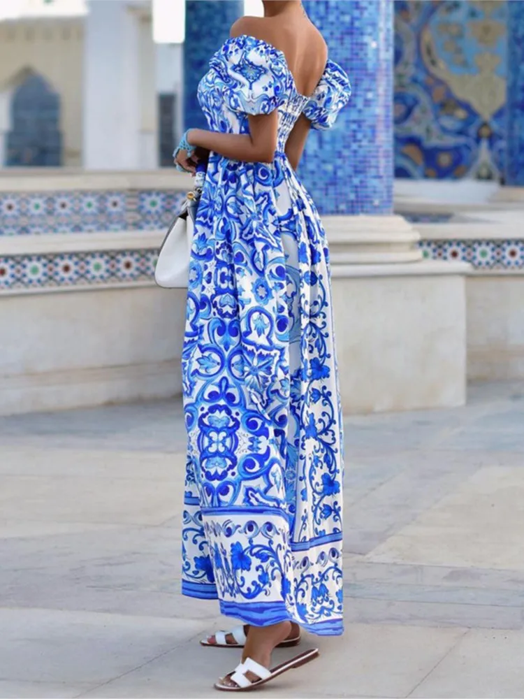 Summer Boho Print Long Dress For Women Fashion Puff Sleeve Slash Neck Off Shoulder Maxi Dresses 2024 Casual Holiday Beach Dress