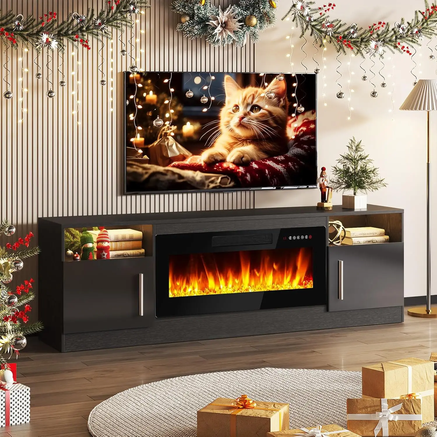 Centre de divertissement pour meuble TV avec cheminée 36 ", support TV en bois 70" pour téléviseurs jusqu'à 80 ", console TV multimédia avec rangement haute brillance