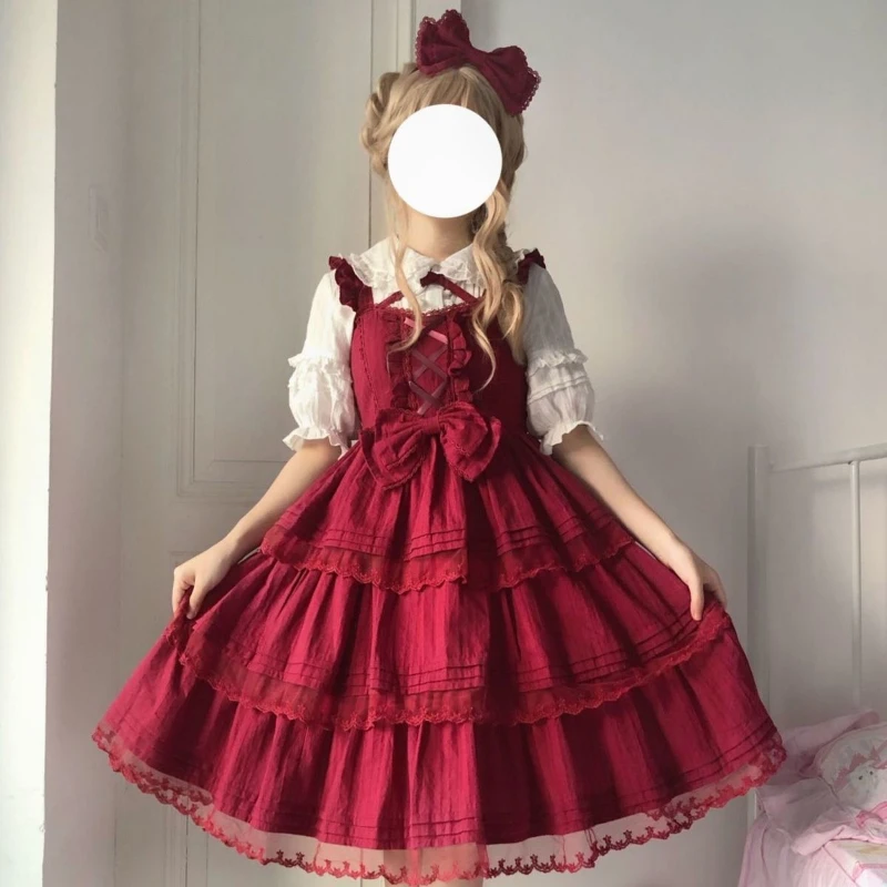 Japanese Red Sweet Lolita Princess Dress Kawaii Palace Style Lace Bow Fairy Cosplay Gothic Party Mini Dresses Lolita Jsk Outfit