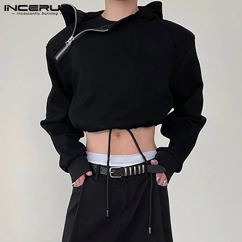 INCERUN 2024 Men Hoodies Solid Color Zipper Hooded Long Sleeve Fashion Casual Sweatshirts Streetwear Personality Crop Tops S-5XL