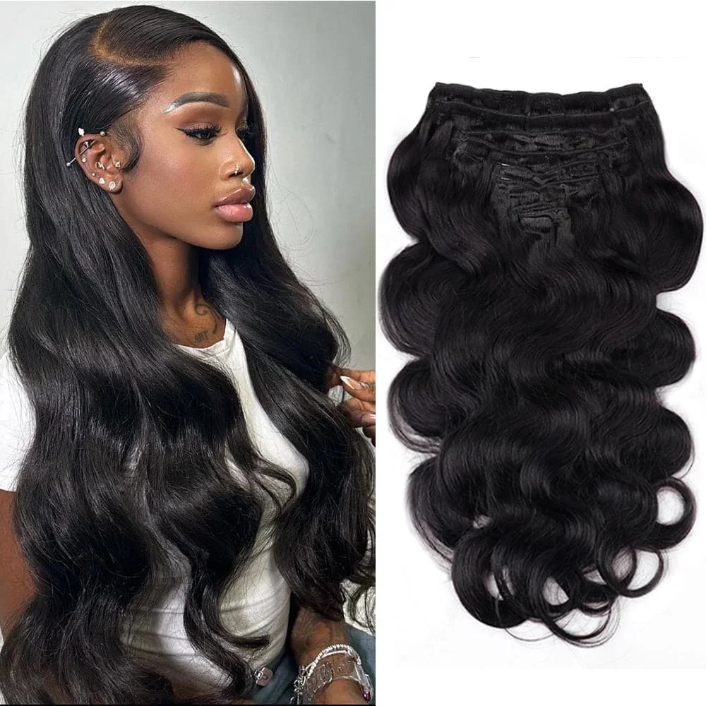 Body Wave Wig Clip in Hair Extensions Natural Black Color Full Head Brazilian Virgin Hair Clip ins Hair Wig Extension for Women