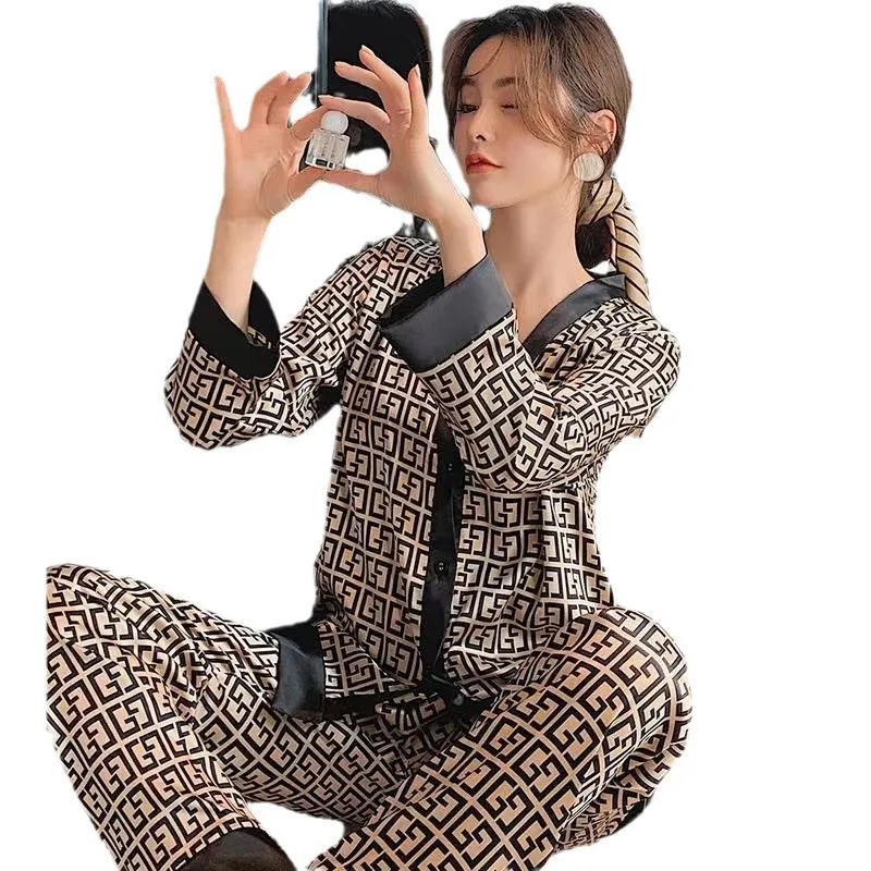 Spring and Summer New Ice Silk Pajamas Homewear Set Girls Long-Sleeved V-Neck Cardigan Simulation Silk Lapel Pajamas Homewear Se image 5
