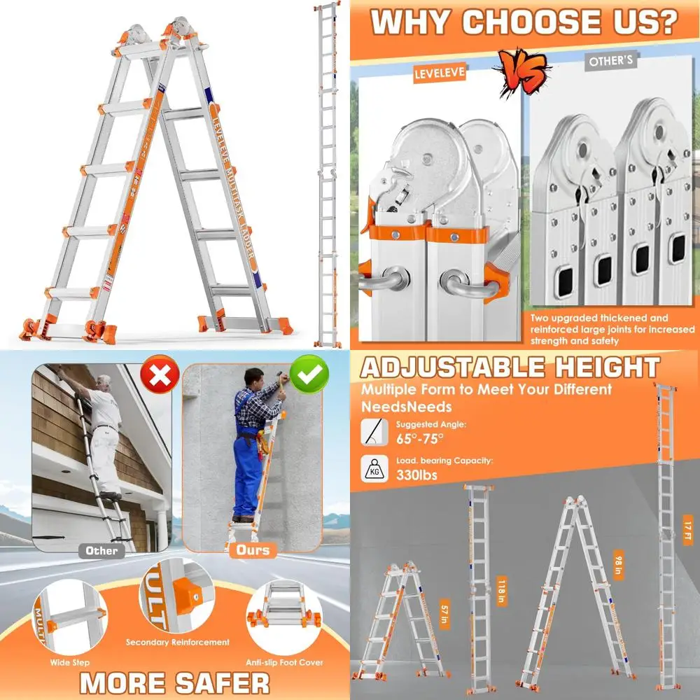 5-Step A-Frame Extension Ladder with Stabilizer Bar and Wheels, 330 lbs Load Capacity, Multi-Position Ladder for Secure Use