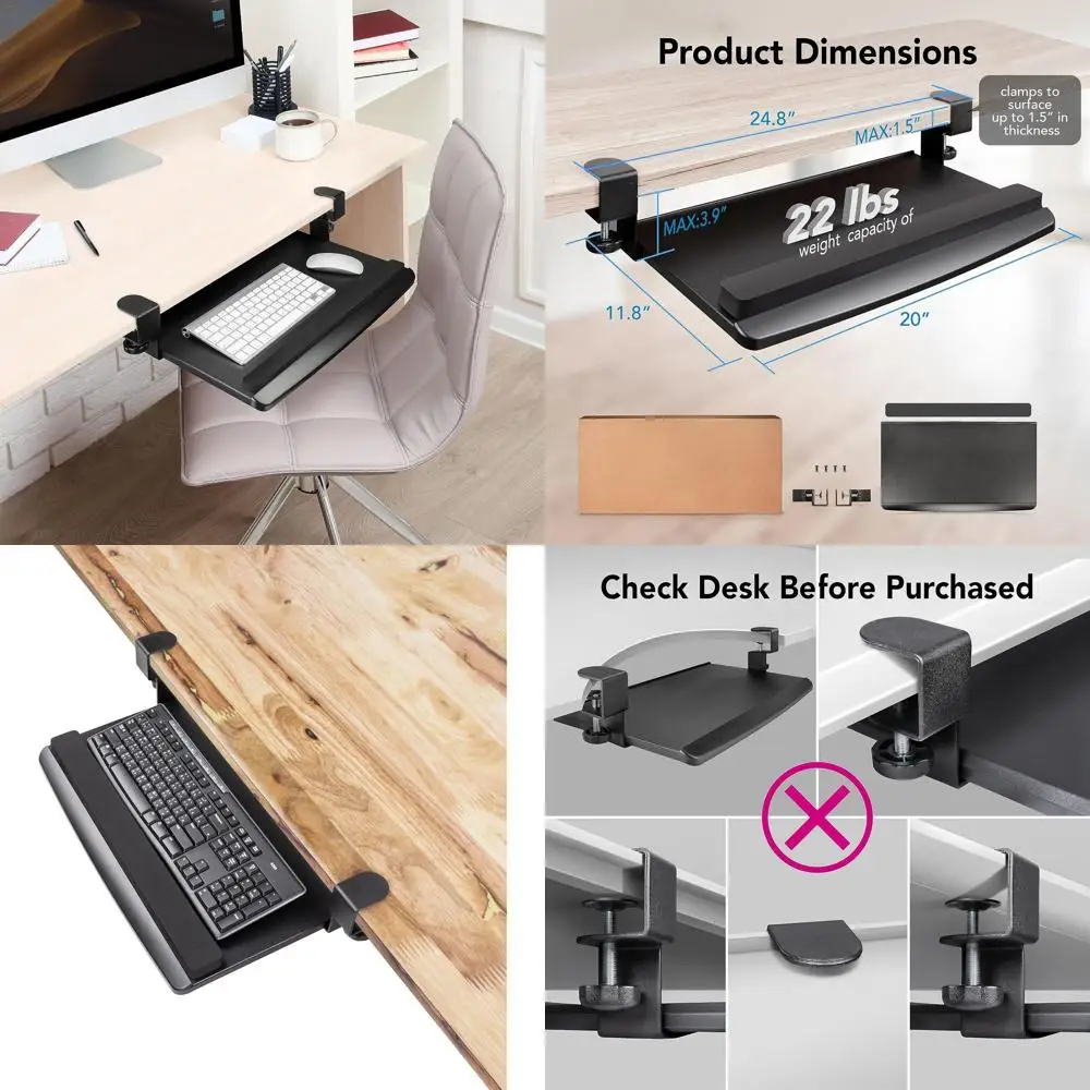 

Регулируемая выдвижная подставка для клавиатуры с подставкой для запястья, эргономичная настольная подставка, 20 x 11.5 дюймов для повышенного комфорта при наборе текста