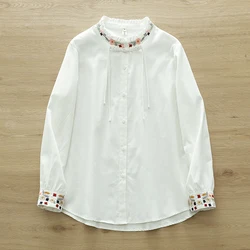 Spring Autumn Women Flower Embroidered Wooden Ear Edge Shirt White Color Stand Collar Female Button Bottom Blouse Tops U341