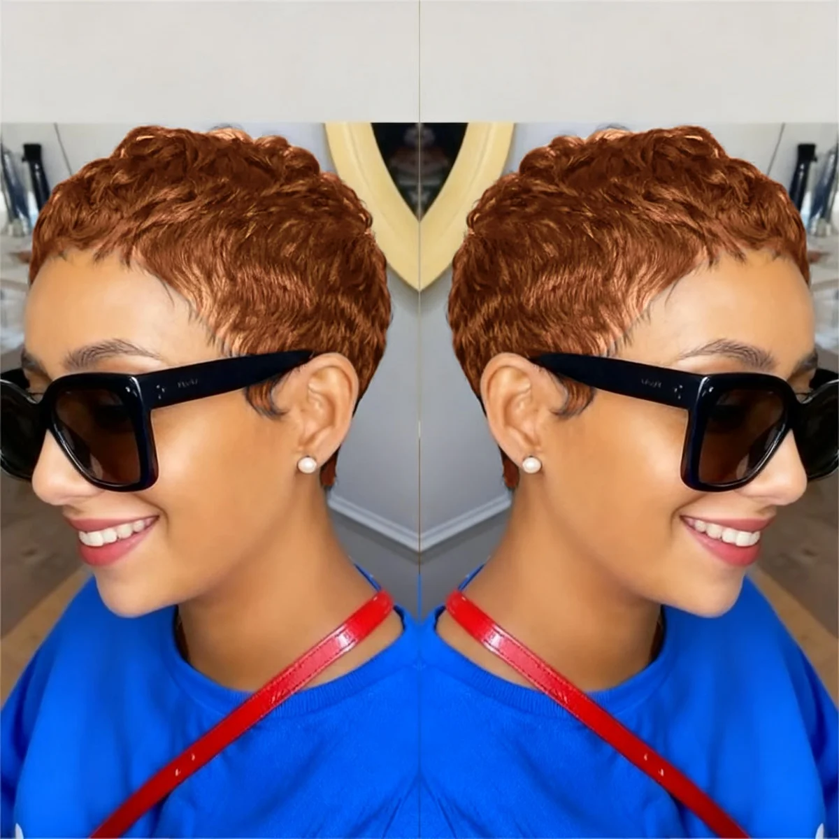 흑인 여성용 짧은 픽시 가발 스트레이트 인모 풀 머신 메이드 가발