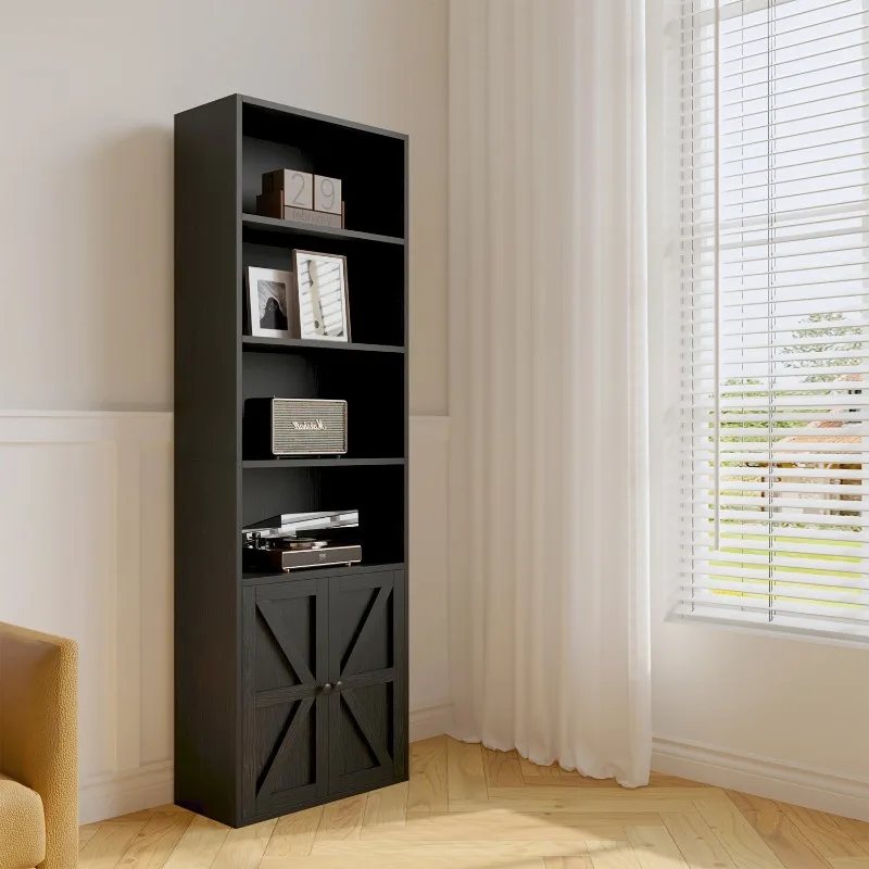 

6-Tier Wooden Bookcase with Cabinet Doors: Floor Bookshelf and Office Storage Cabinet for Home and Living Room