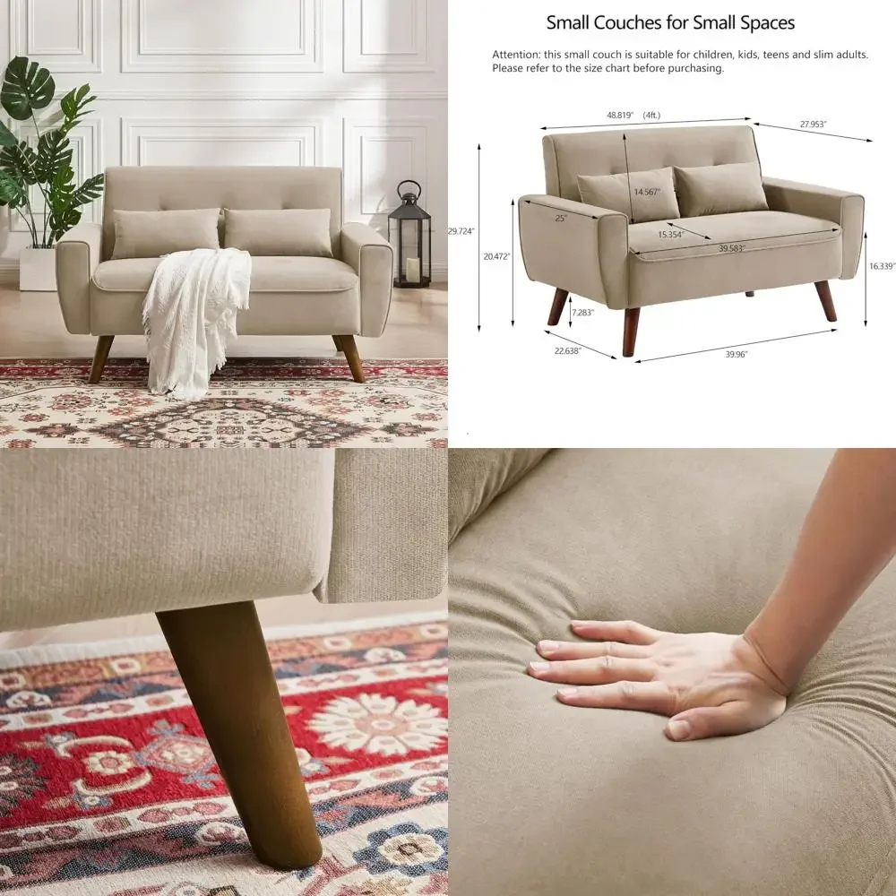 Mid-Century Modern 2-Seater Loveseat Sofa with Tufted Design and Throw Pillows for Living Spaces and Apartments