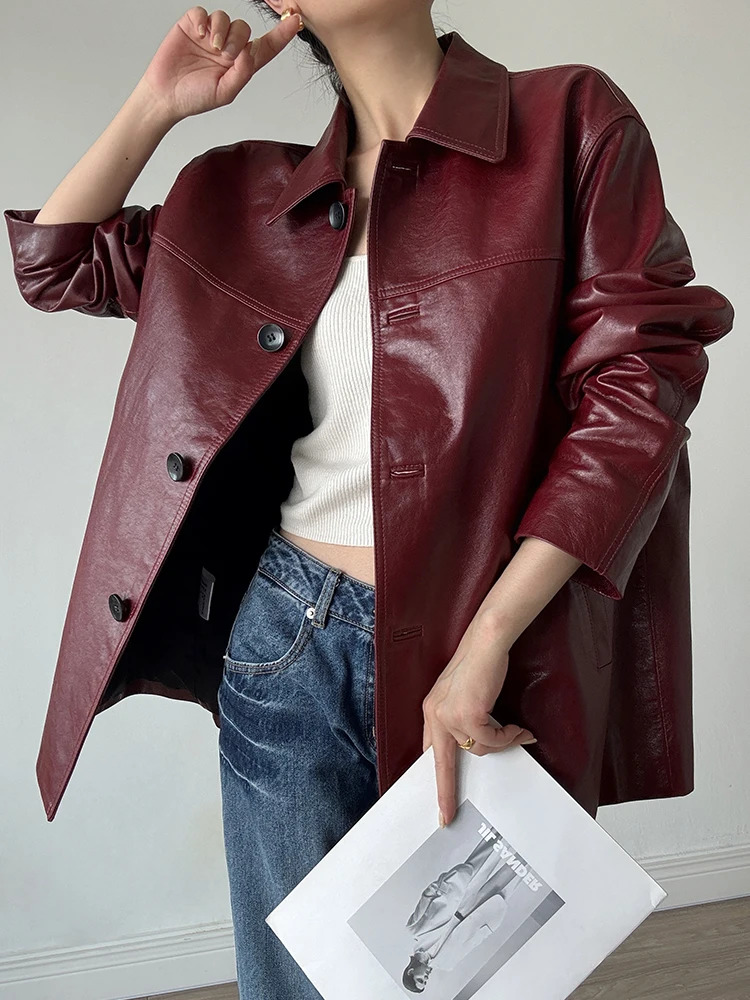 Vintage Genuine Leather Windbreaker Jackets Women Spring Autumn 2025 New High-end Simple Solid Soft Oil Wax Real Sheepskin Coat