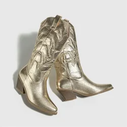 2025 Fashion Embroidered Western Cowboy Boots for Women Leather Golden Casual Pointed Toe Low Hoof Heel Slip on Mid-Calf Shoes