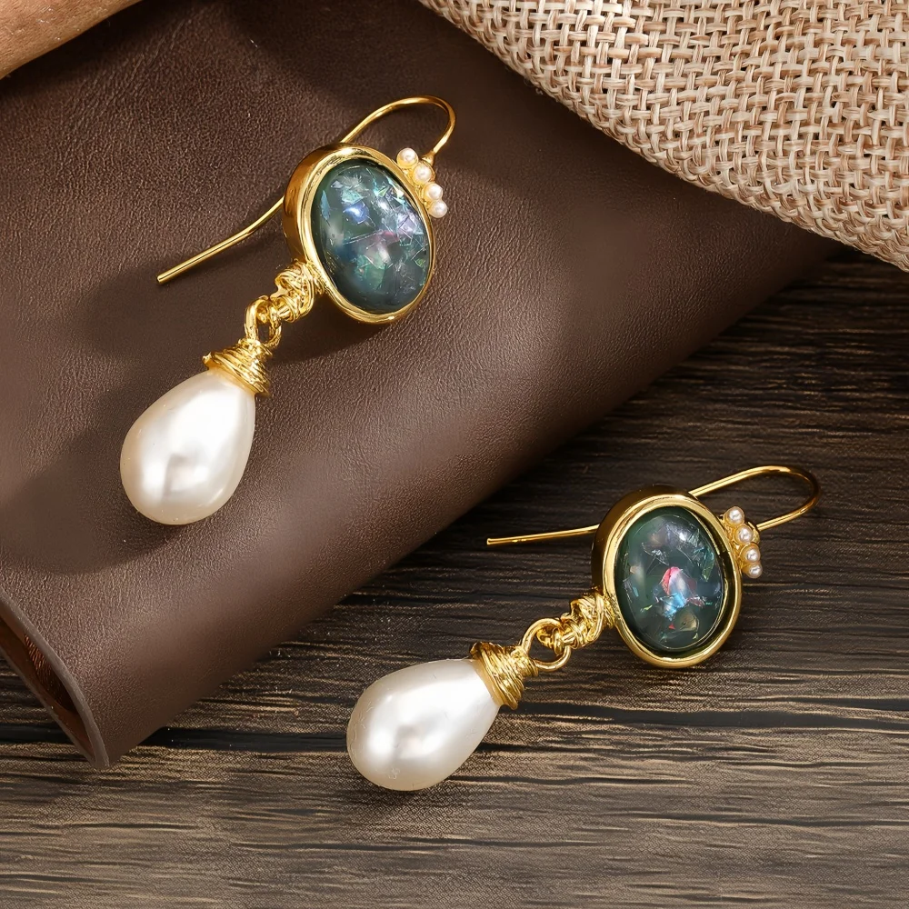 Gorgeous Round Geometry Black Stone Earrings for Women Gold Color Imitation Pearl Party Dangle Earrings Jewelry