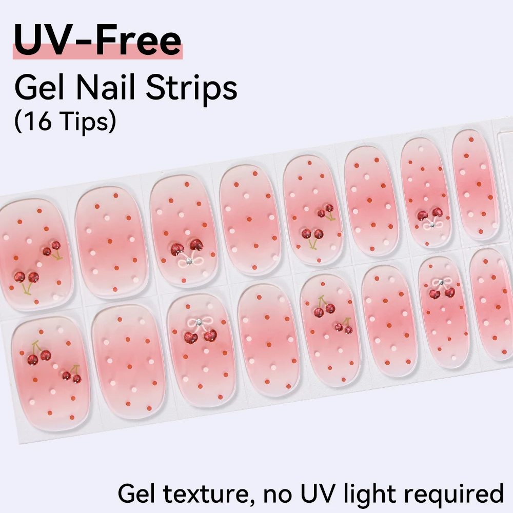 

16Tips Gel Nail Strips Full Cover Shining Cherry Design Baking-Free Gel DIY Self-Adhesive Manicure Decoration Nail Art Stickers