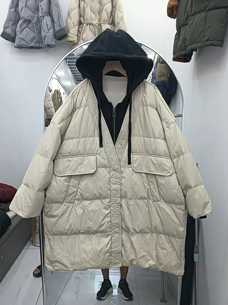 

Зимняя длинная куртка-пуховик Parker из двух предметов с капюшоном, женская куртка до колена из 90% утиного пуха, женская лоскутная теплая толстая верхняя одежда