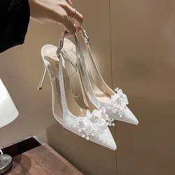 Wedding shoes white thin heel pointed shallow mouth flower water diamond toe back empty fashionable women's sandals