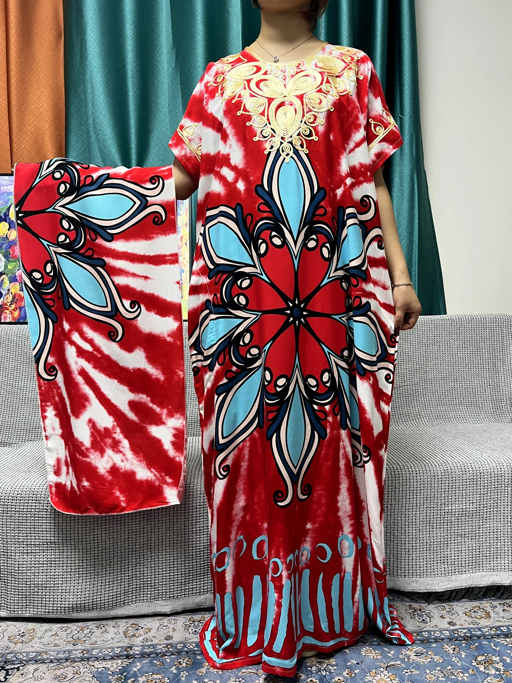 

Abayas For Women 2024 New Fashion Printed Flower Cotton Appliques Loose Fit Femme Robe African Dubai Islam Dresses With Turban