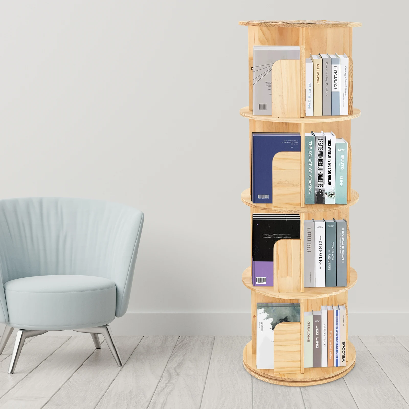 Rotating Bookshelf 4 Tier Floor Standing Bookcase Storage Rack for Kids&Adults Solid Wood Bookshelf Organizer 16 Compartments