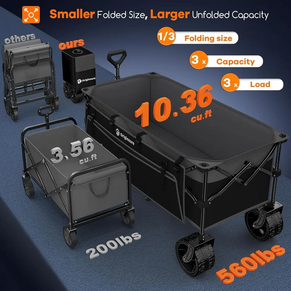 รถเข็นอเนกประสงค์พับได้ รับน้ำหนักได้ 560 ปอนด์ ล้อขนาดใหญ่สำหรับทุกพื้นผิว เหมาะสำหรับชายหาด ซื้อของชำ ตั้งแคมป์ กีฬา - สีเทาและสีดำ