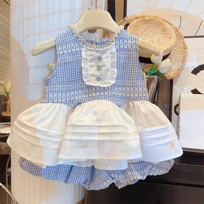 

TOY-2025Girls' Summer Fashion Set Children's Casual Sleeveless Plaid Patchwork Vest Shorts Two-Piece Trendy