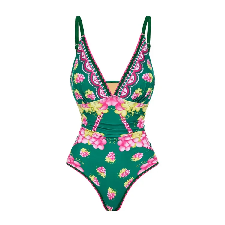 2024 nuove donne costume da bagno Set Deep V Retro Green uva stampa costumi da bagno Beachwear costume da bagno Bikini Monokini body due pezzi