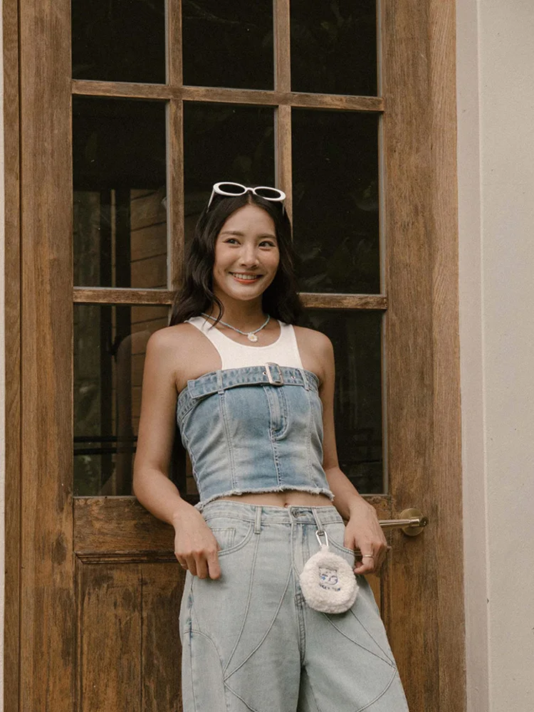 

Женский джинсовый топ Queenop Collaborative с поясом, светло-голубой, с прямым вырезом, модный, дышащий, повседневный, летний 2025