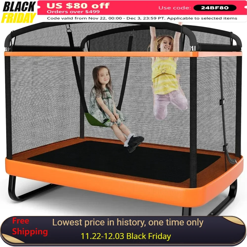 

6FT Kids Trampoline with Swing, ASTM Approved Rectangle Recreational Trampoline w/Enclosure Safety Net, Toddler Trampoline