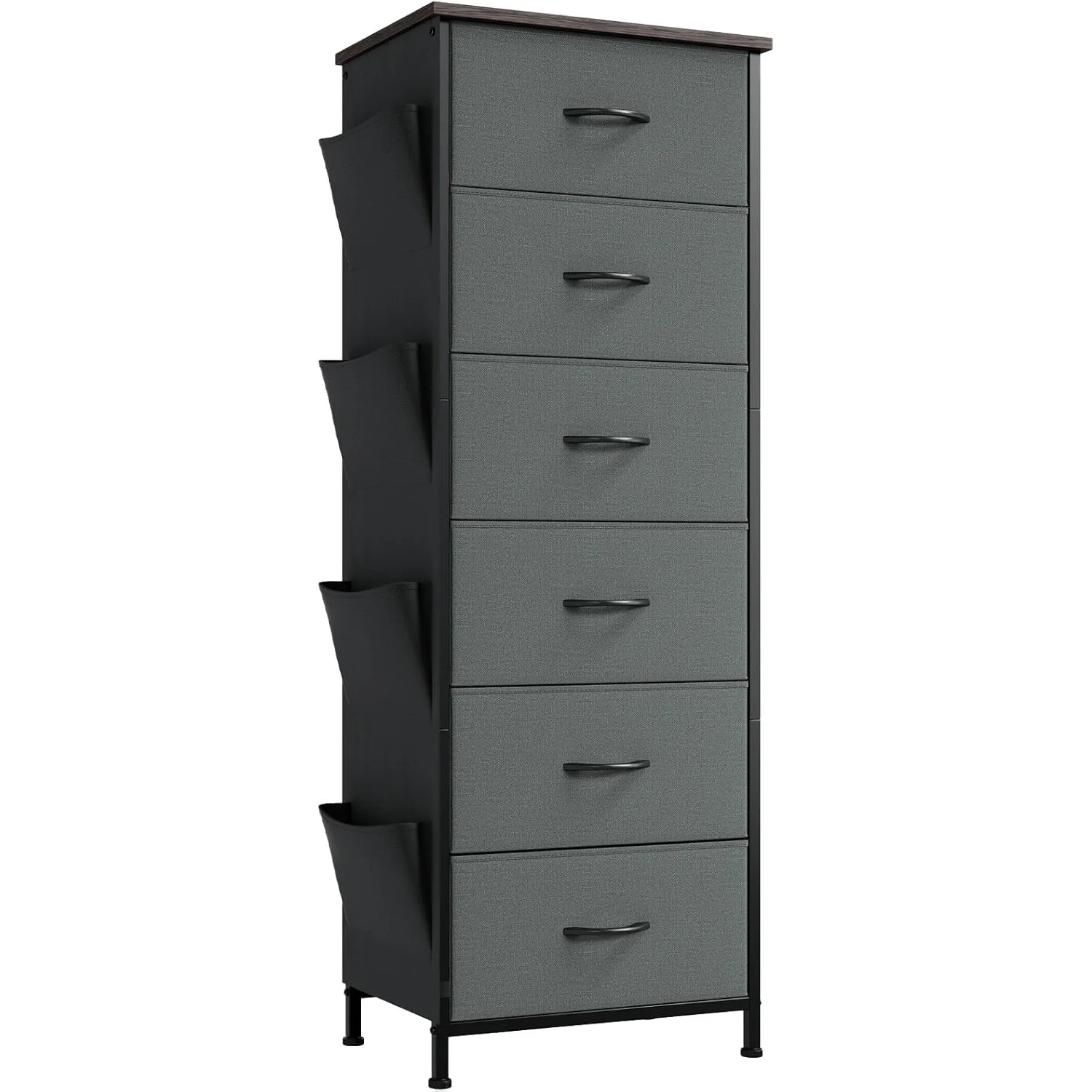 

Tall Dresser for Bedroom with 6 Drawers and Side Pockets, Storage Organizer Chest of Drawers with Fabric Bins, Charcoal Grey