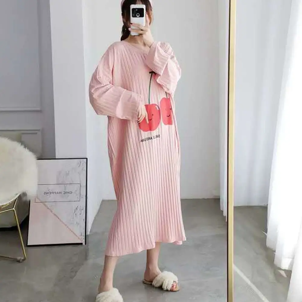 Plus Size 5XL 120kg Autumn Nightgown Women Sweet Long Sleeve Night Dress SleepwearO Neck Comfortable Casual Home Dress