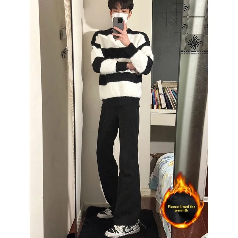 

Cleanfit Men's Fce Lined Jeans Winter Straight Leg Elastic Slimming Bootcut Pants mid High Waist Zipper Closure Trendy Sle