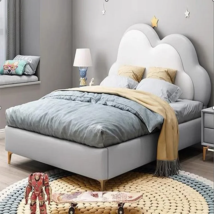 New Design Kids Bedroom Furniture Cartoon Girls and Boys Wooden Single Bed Frame PU Upholstered Children's Bed