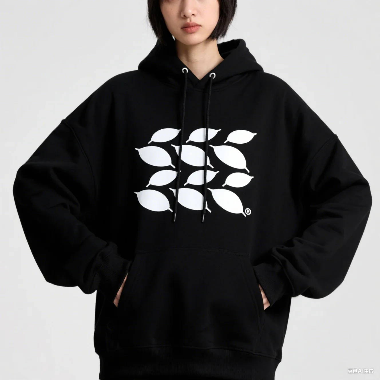 سويت شيرت بغطاء للرأس عالي التحمل 330G، هوديي كاجوال بطباعة صورة ظلية على شكل أوراق شجر مع حاشية برباط