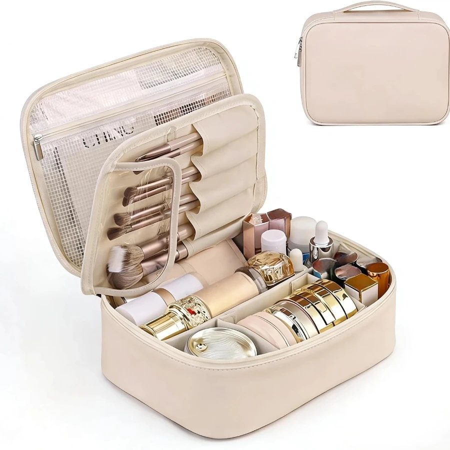 Waterproof portable makeup bag, large-capacity travel cosmetic organizer, women's toiletry and makeup bag with handle and compartments.