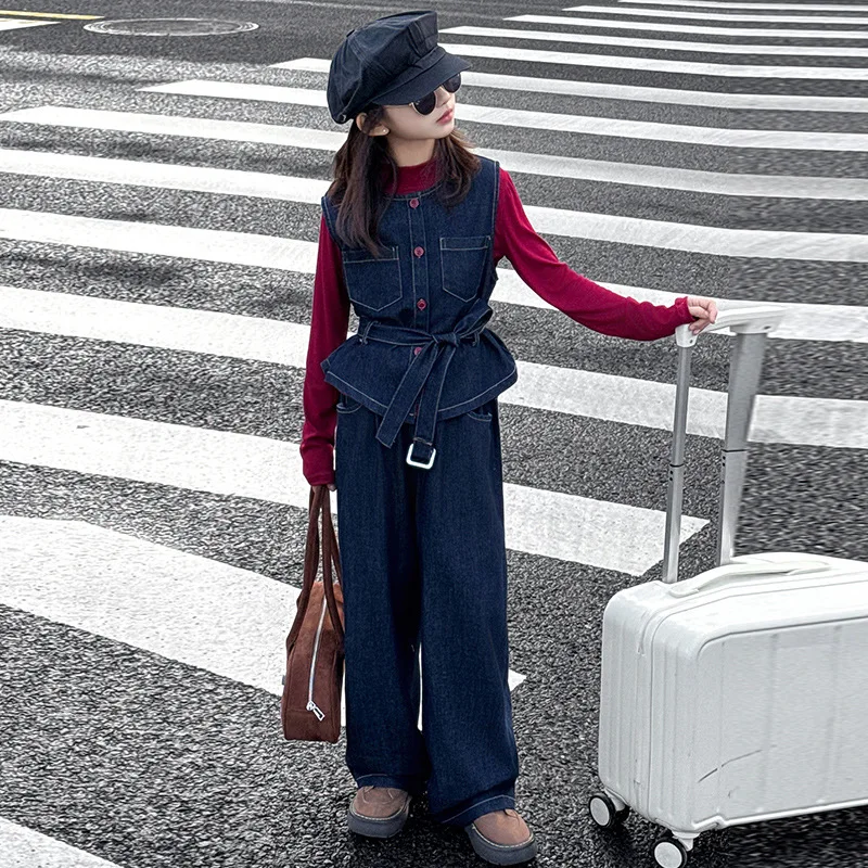 المراهقات الفتيات كاوبوي الملابس مجموعة الربيع تصميم سترة جينز حزام تي شيرت واسعة الساق الجينز 3 قطعة الاطفال السراويل دعوى ملابس أطفال #4