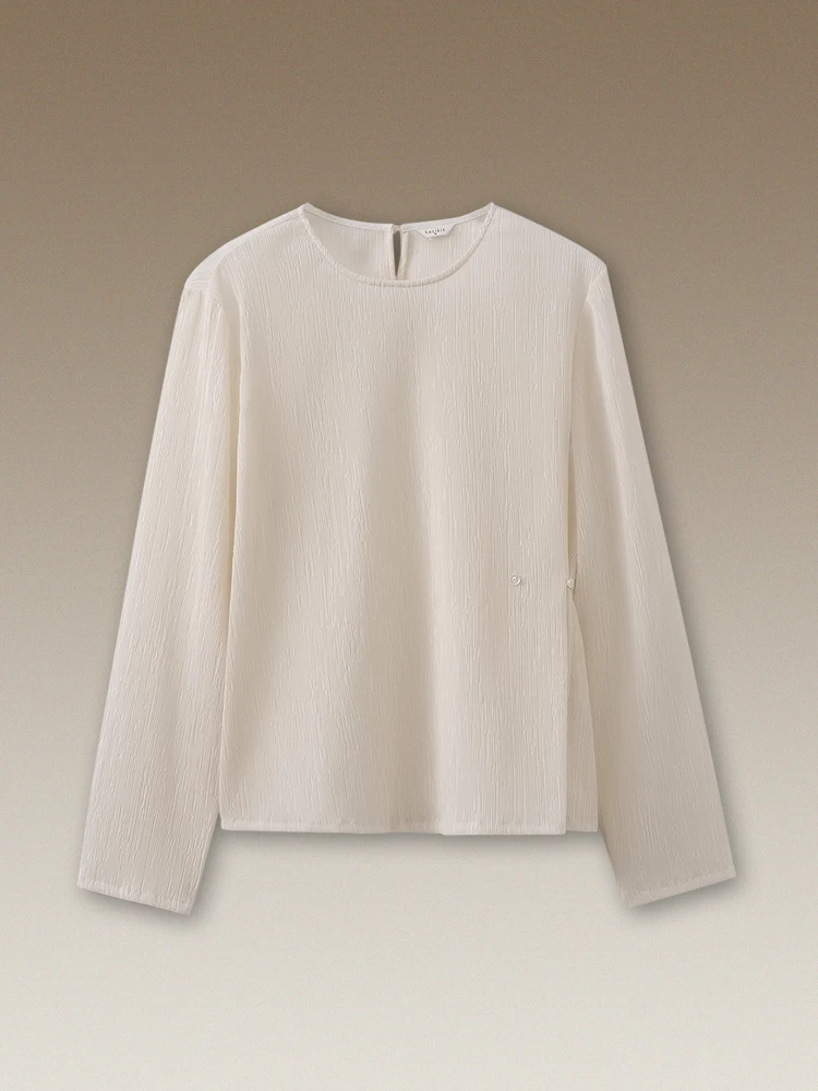 Slimming Effect Long Sleeve round Neck Commute Shirt Women's Loose Fit Adjustable Waistband Transparent Pleated Texture Top