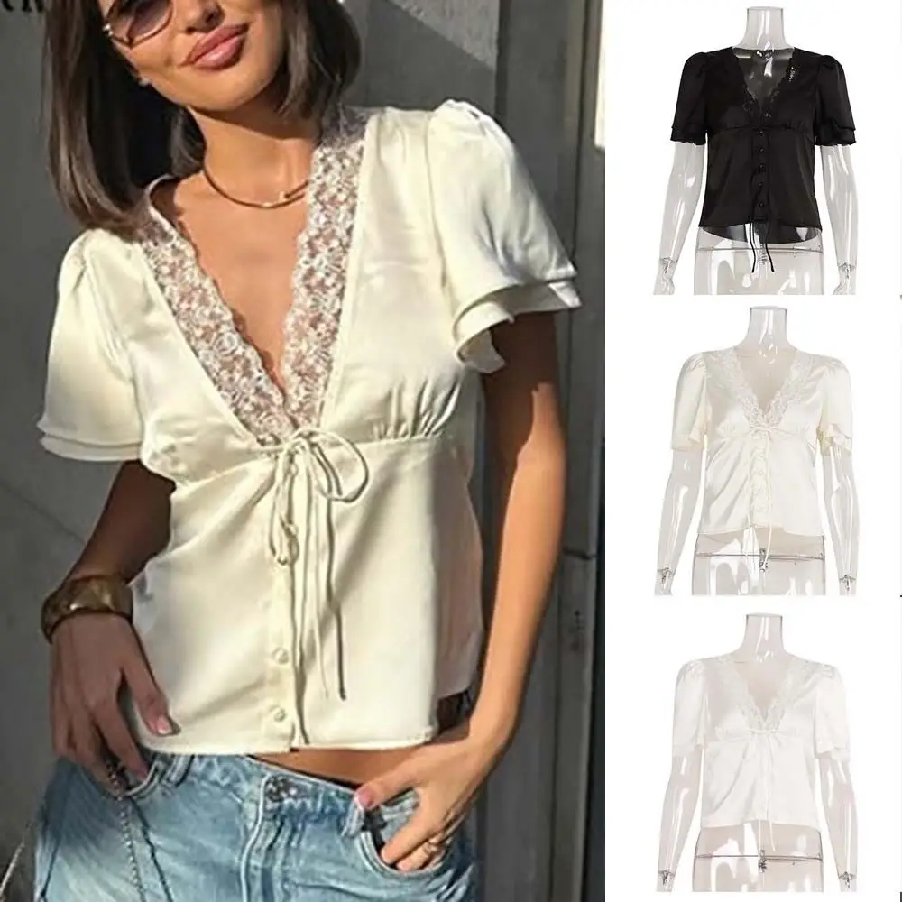 ファッション弾性レース V ネック T シャツレースパッチワーク半袖サイドスリットトップソリッドカラーレースアップホリデービーチトップ通勤着用 1