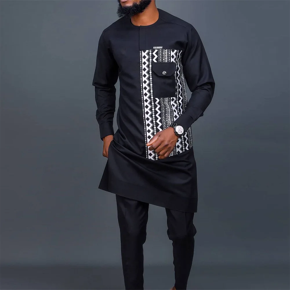 High-quality Men\'s Long-sleeved Ethnic Style Printed Round-neck Suits, Arabian Dubai Abaya, Middle Eastern Men\'s Casual Suits