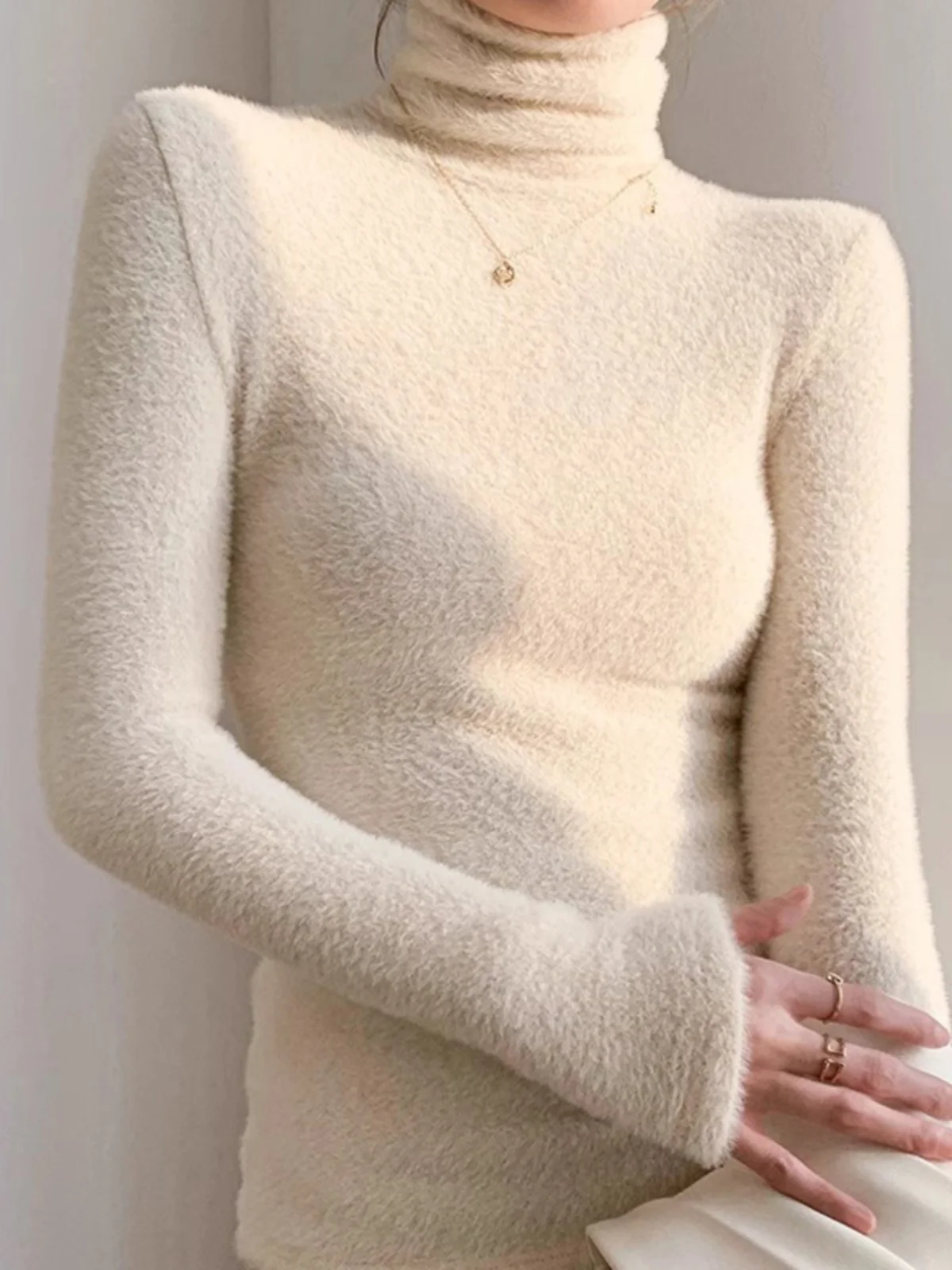 Women's High Collar Faux Fur Lined Ultra Thick Warm Knitwear Winter Season Long Sleeve Slim Fit Base Shirt Commute Style Pure...