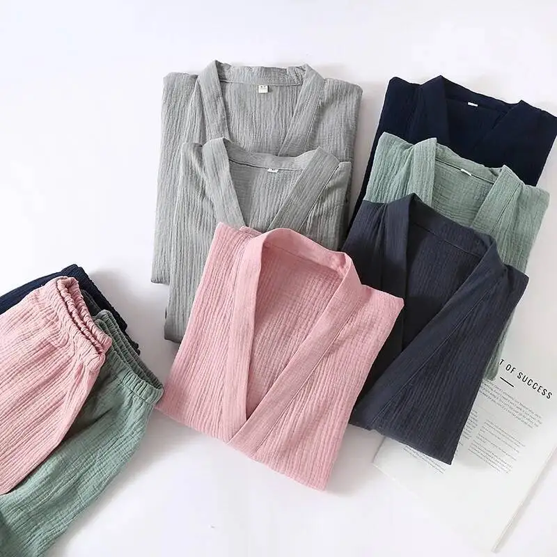 

Solid Color Couple Kimono Robes With Long Trousers 2 Pcs Sleepwear Clothes For Spring Cotton Thin Plus Size Home Pamas Set