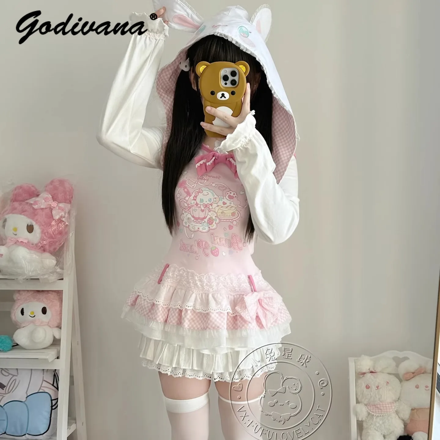 ابنة بنات لوليتا خارج الكتف فستان قصير Kawaii الكرتون طباعة انفصال هود سليم كم طويل تي شيرت فساتين