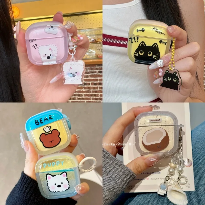 

For Huawei Freebuds 7i/6i/5i/4e Pro 3/4/2 SE2/3 SE4 FreeClip2 Ins Cute Puppy Cat Pattern Clear Headphone Case With Pendant Cover