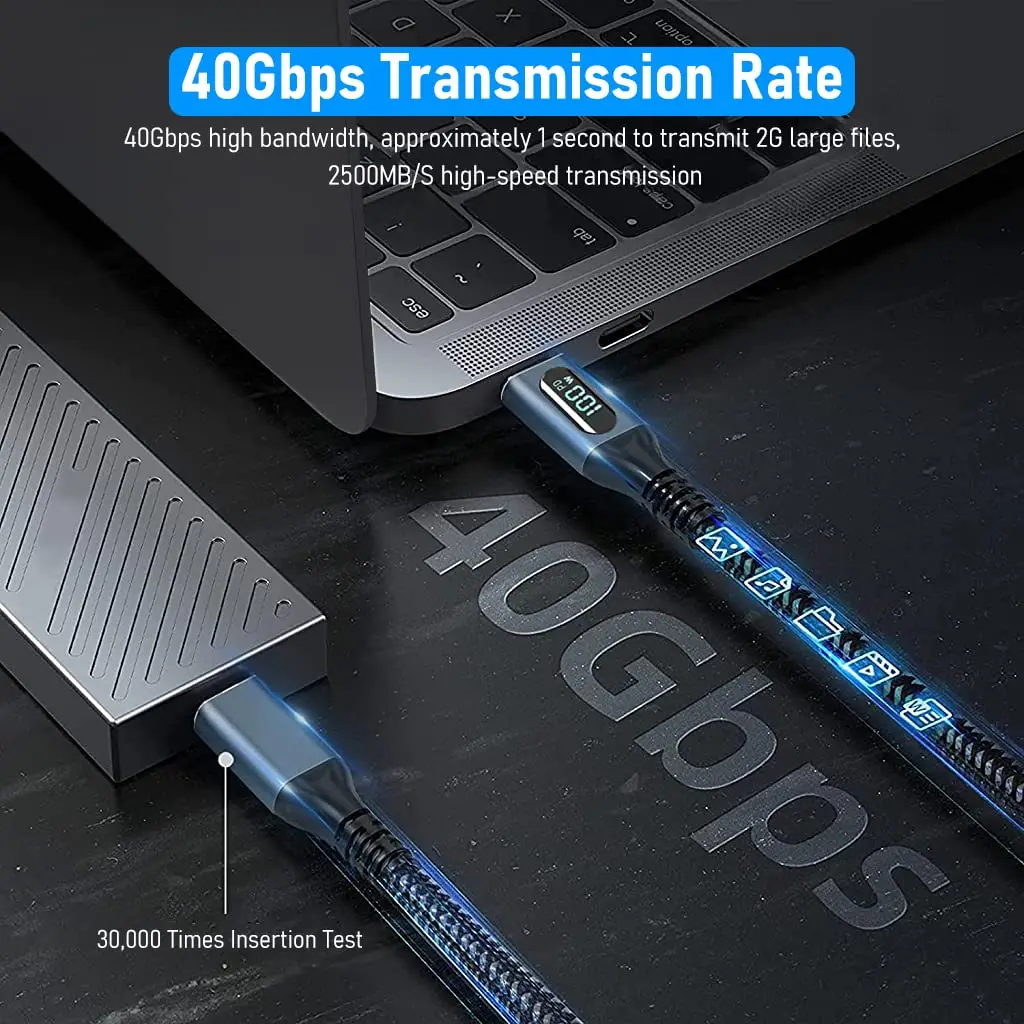 USB C Cable Thunderbolt 4 C Type Cable with LED Display PD Max 240W Fast Charging Max 40Gbps Nylon Braided Laptop Data Cord