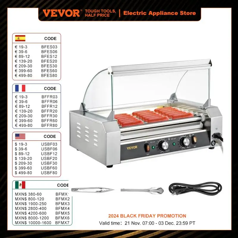 

VEVOR Hot Dog Roller 5/7/11 Rods Stainless Steel Electric Sausage Grill Cooker With Dual Temp Control Barbecue Grill Machine