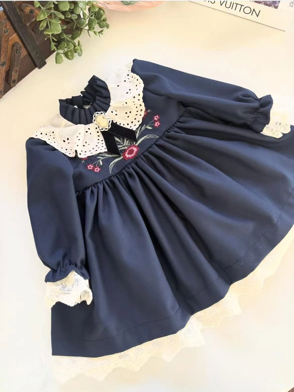 Autumn Girls Sweet Retro Long Sleeved Embroidery Flower Navy Blue Dress For Casual Party Birthday Wedding Photography