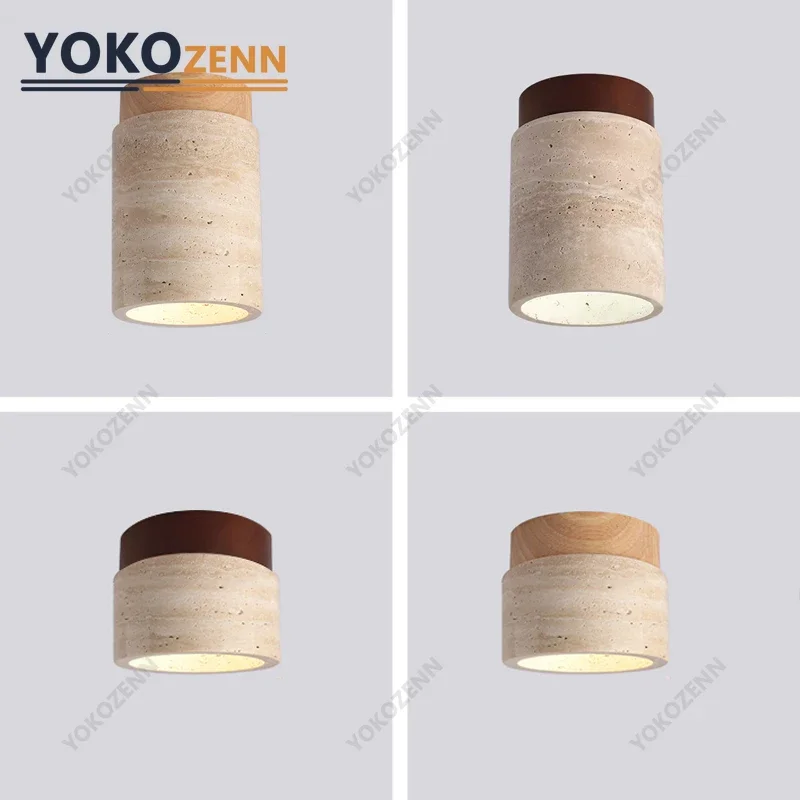Japanese Style Travertine Stone E27 Ceiling Lamp, Natural Stone Ceiling Light for Balcony Cloakroom Aisle Entryway Hallway Decor