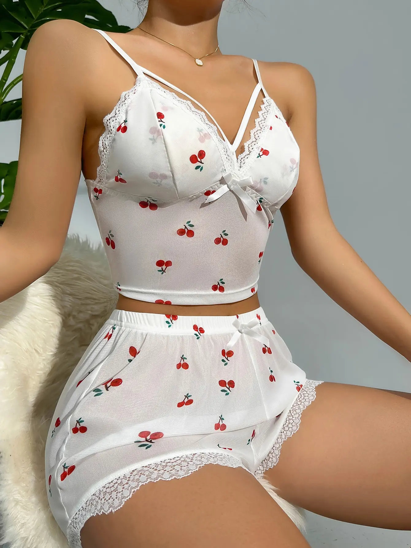 2PCS Cherry Print Sling Deep V BacklessTop White Shorts Set Summer New Women Breathable Sexy Cute Pajama Set Homewear Pajamas